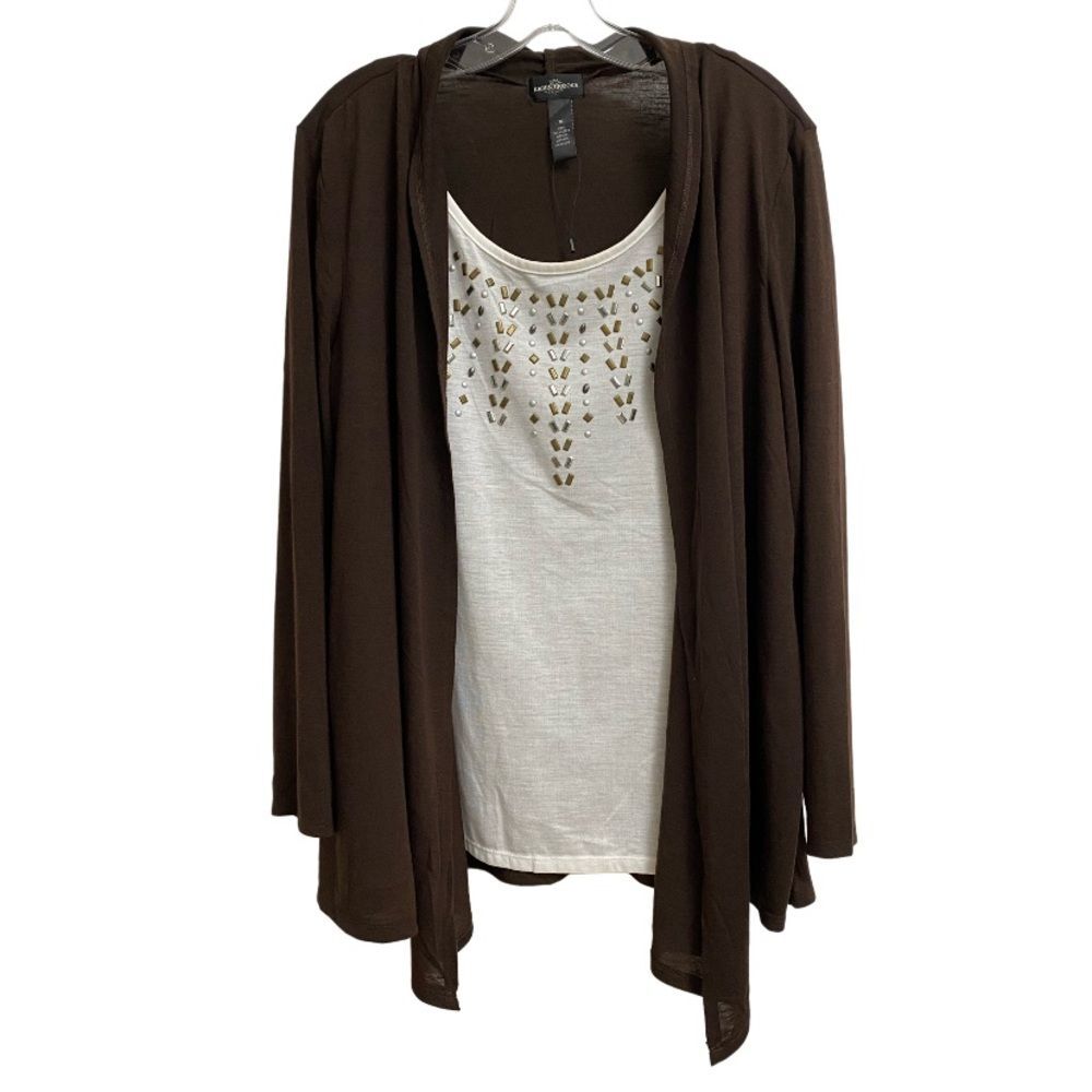 Karen Brooks 2-in-1 Cardigan Sweater Tank Top Size 1X Beaded Brown White Boho